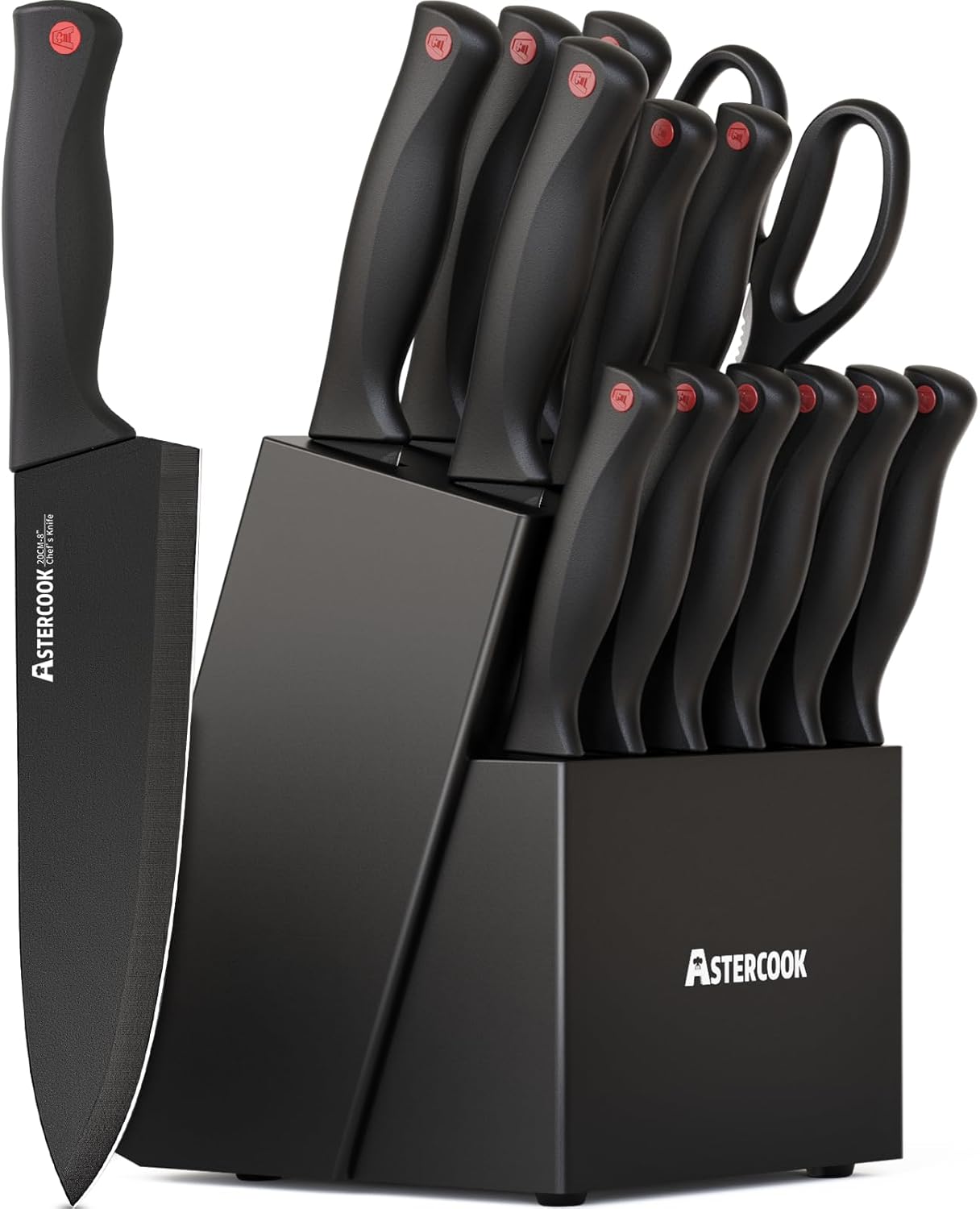 Knife Set, Astercook 15 Pieces Knife Sets for Kitchen with Block, Dishwasher Safe Kitchen Knife Set with Built in Sharpener Block