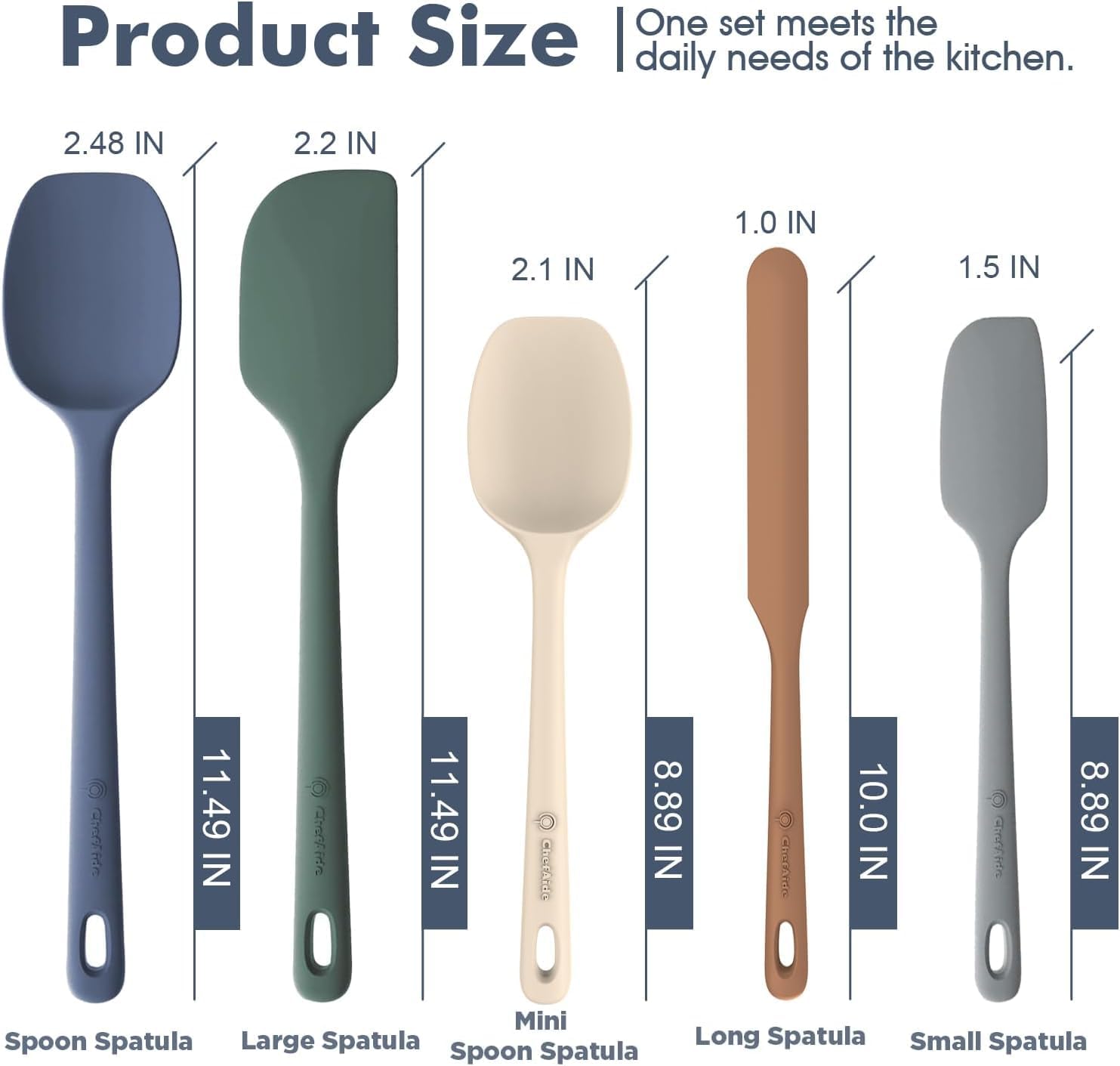 ChefAide 5 Pieces Silicone Spatula Set, Food Grade Rubber Spatula, Upgrade Strong Handle with Ergonomic Grip