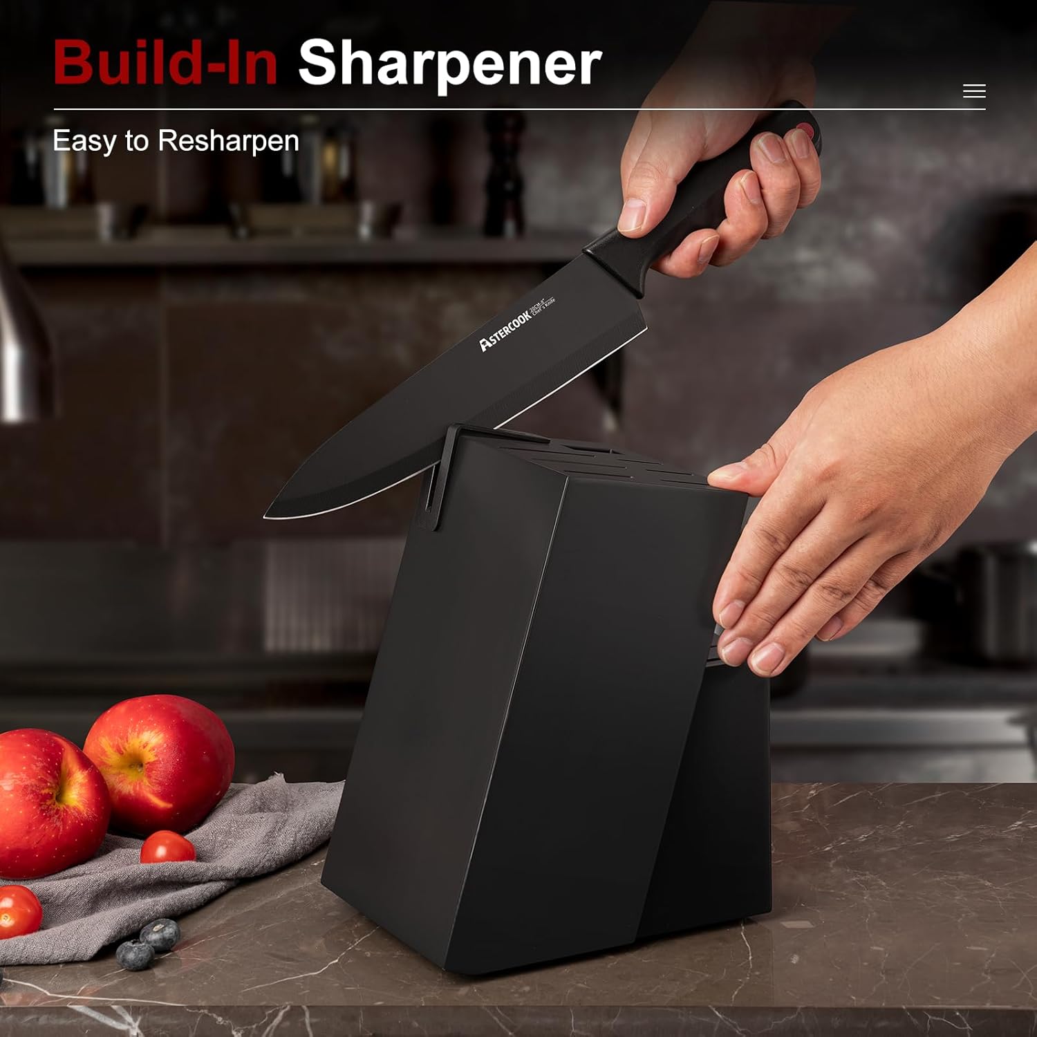 Knife Set, Astercook 15 Pieces Knife Sets for Kitchen with Block, Dishwasher Safe Kitchen Knife Set with Built in Sharpener Block