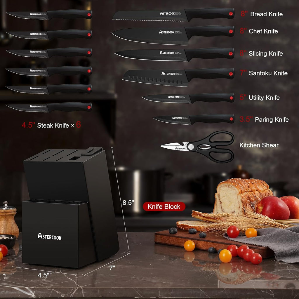 Knife Set, Astercook 15 Pieces Knife Sets for Kitchen with Block, Dishwasher Safe Kitchen Knife Set with Built in Sharpener Block