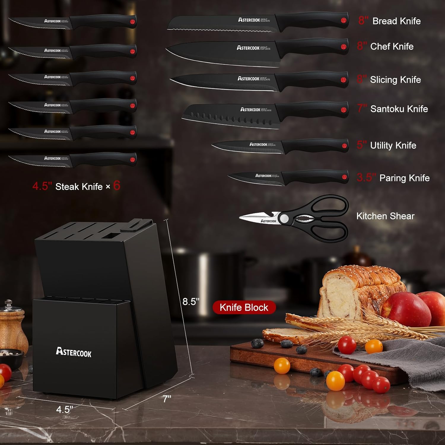 Knife Set, Astercook 15 Pieces Knife Sets for Kitchen with Block, Dishwasher Safe Kitchen Knife Set with Built in Sharpener Block