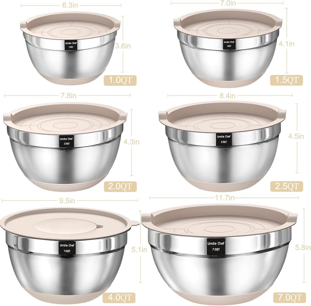 Mixing Bowls with Airtight Lids Set, 26PCS Stainless Steel Khaki Bowls with Grater Attachments