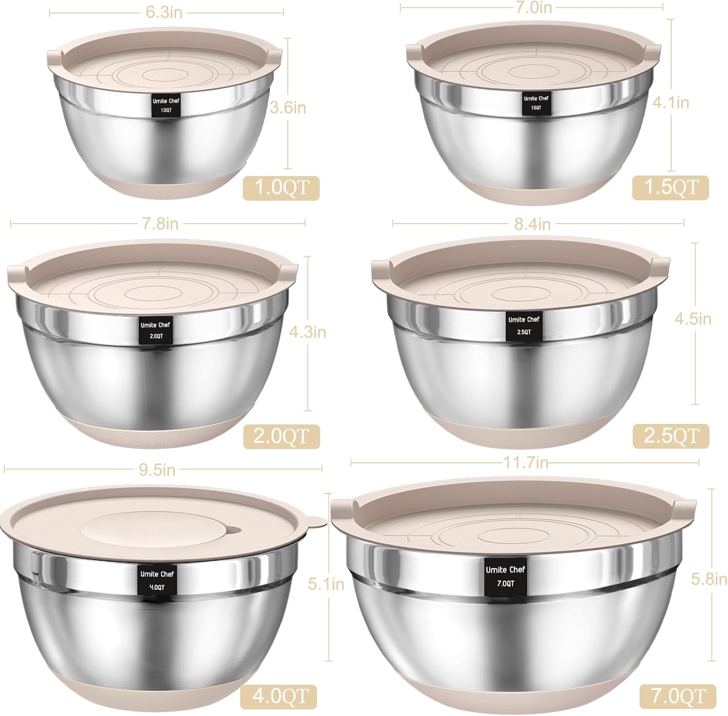Mixing Bowls with Airtight Lids Set, 26PCS Stainless Steel Khaki Bowls with Grater Attachments
