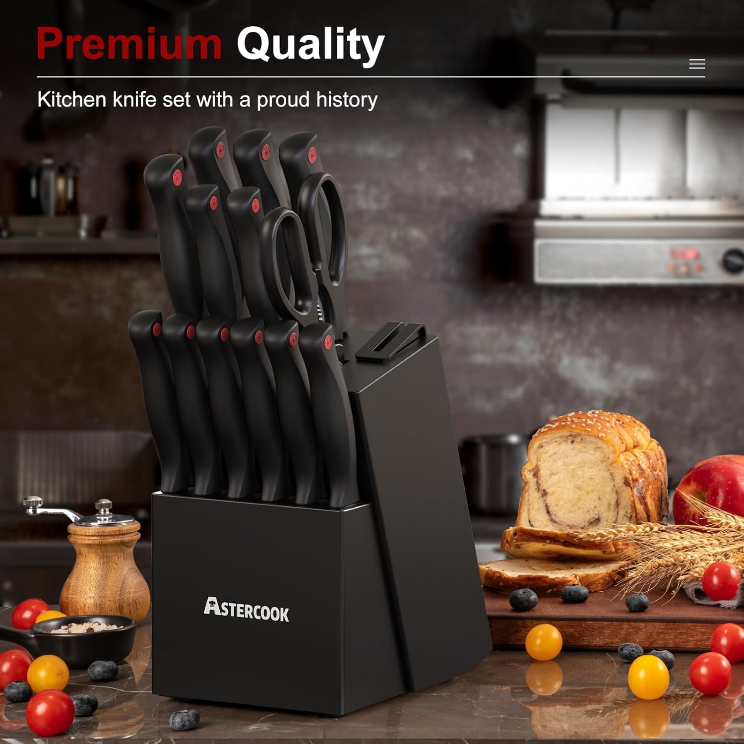 Knife Set, Astercook 15 Pieces Knife Sets for Kitchen with Block, Dishwasher Safe Kitchen Knife Set with Built in Sharpener Block