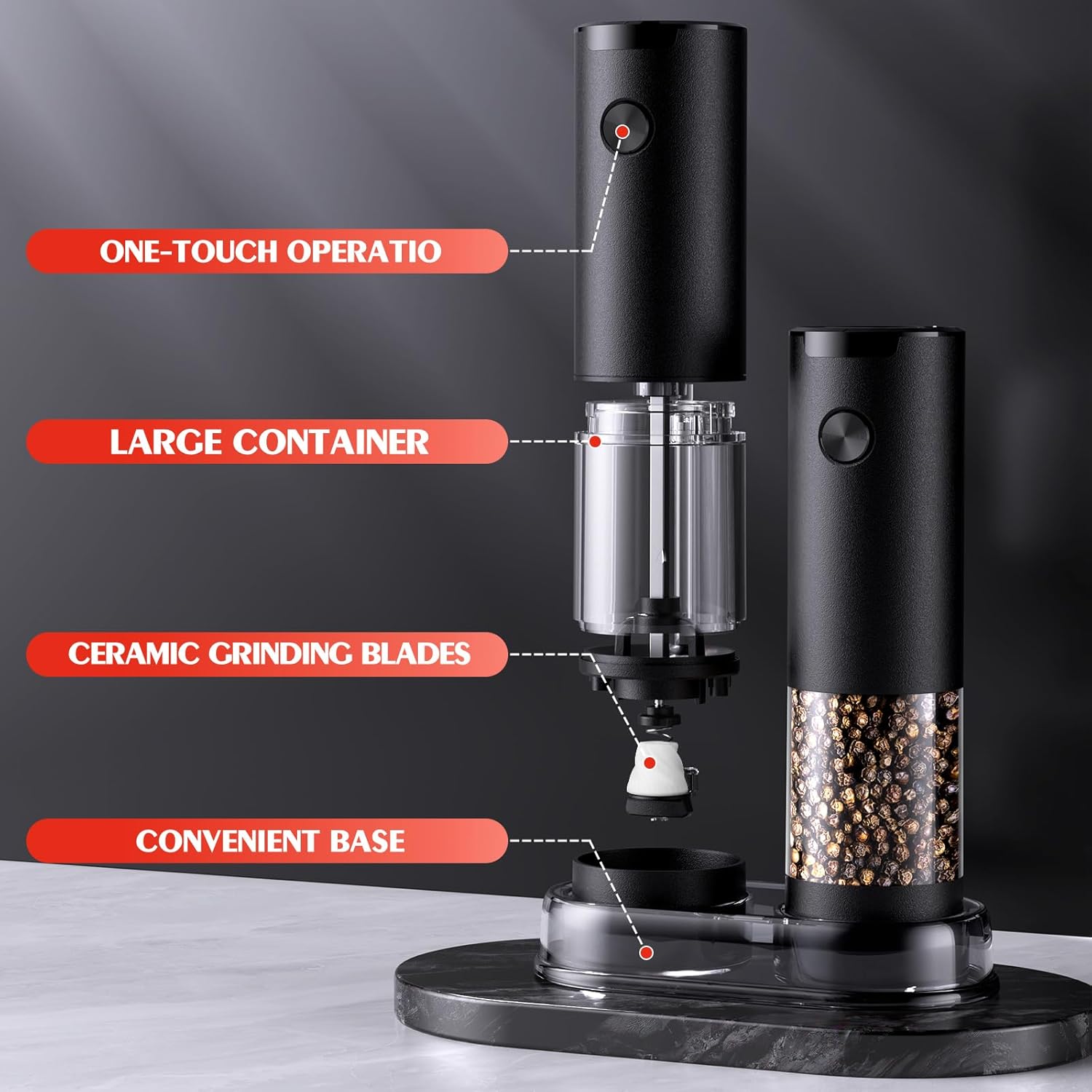 Electric Salt and Pepper Grinder Set Automatic Battery Pepper Mill Shakers Adjustable Coarseness Upgraded Larger Capacity with Led Home