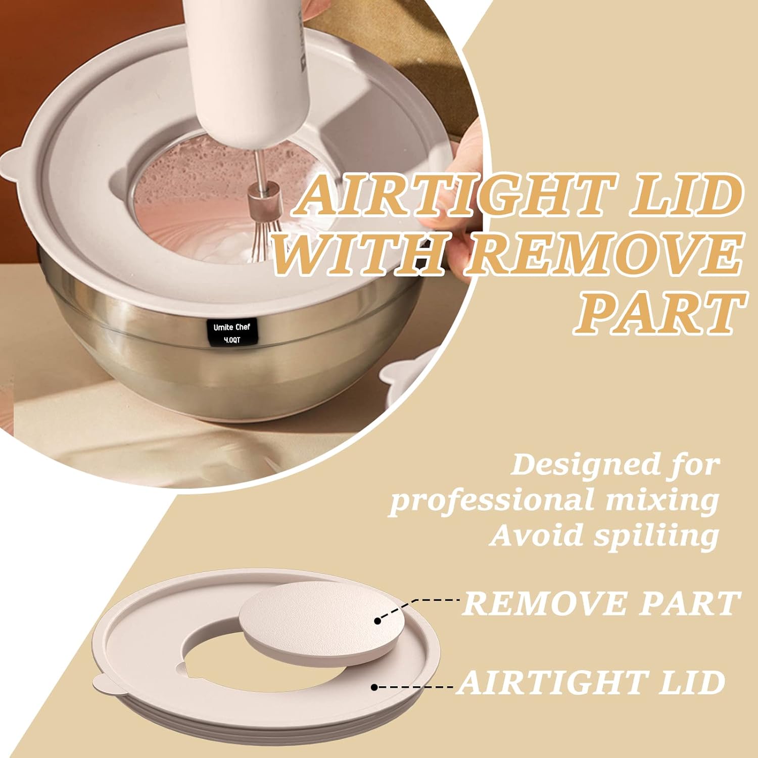 Mixing Bowls with Airtight Lids Set, 26PCS Stainless Steel Khaki Bowls with Grater Attachments