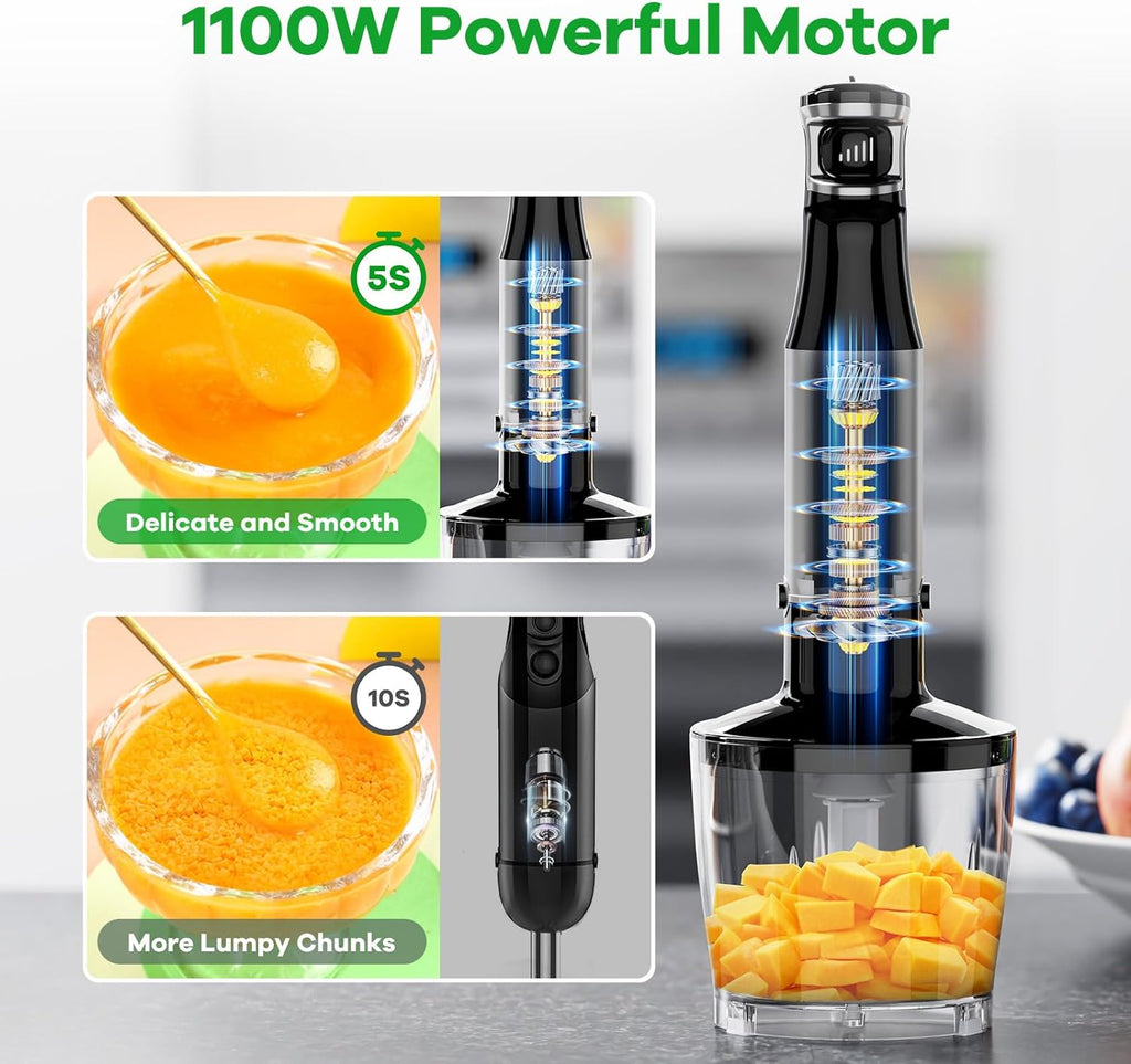 Turelar Immersion Blender Handheld Corded Hand Blenders Set 1100W, Trigger Variable Speed 5 in 1 Stick Emulsifier with Chopper