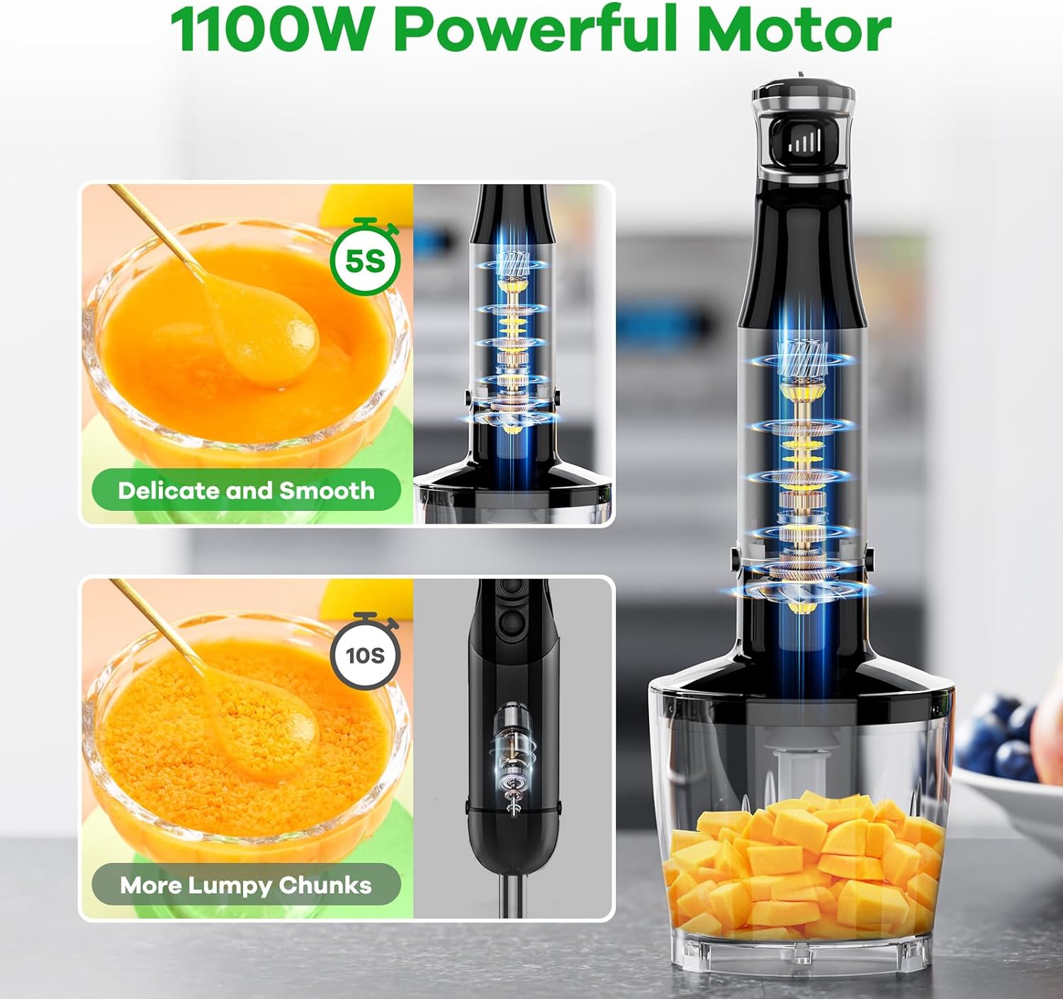 Turelar Immersion Blender Handheld Corded Hand Blenders Set 1100W, Trigger Variable Speed 5 in 1 Stick Emulsifier with Chopper