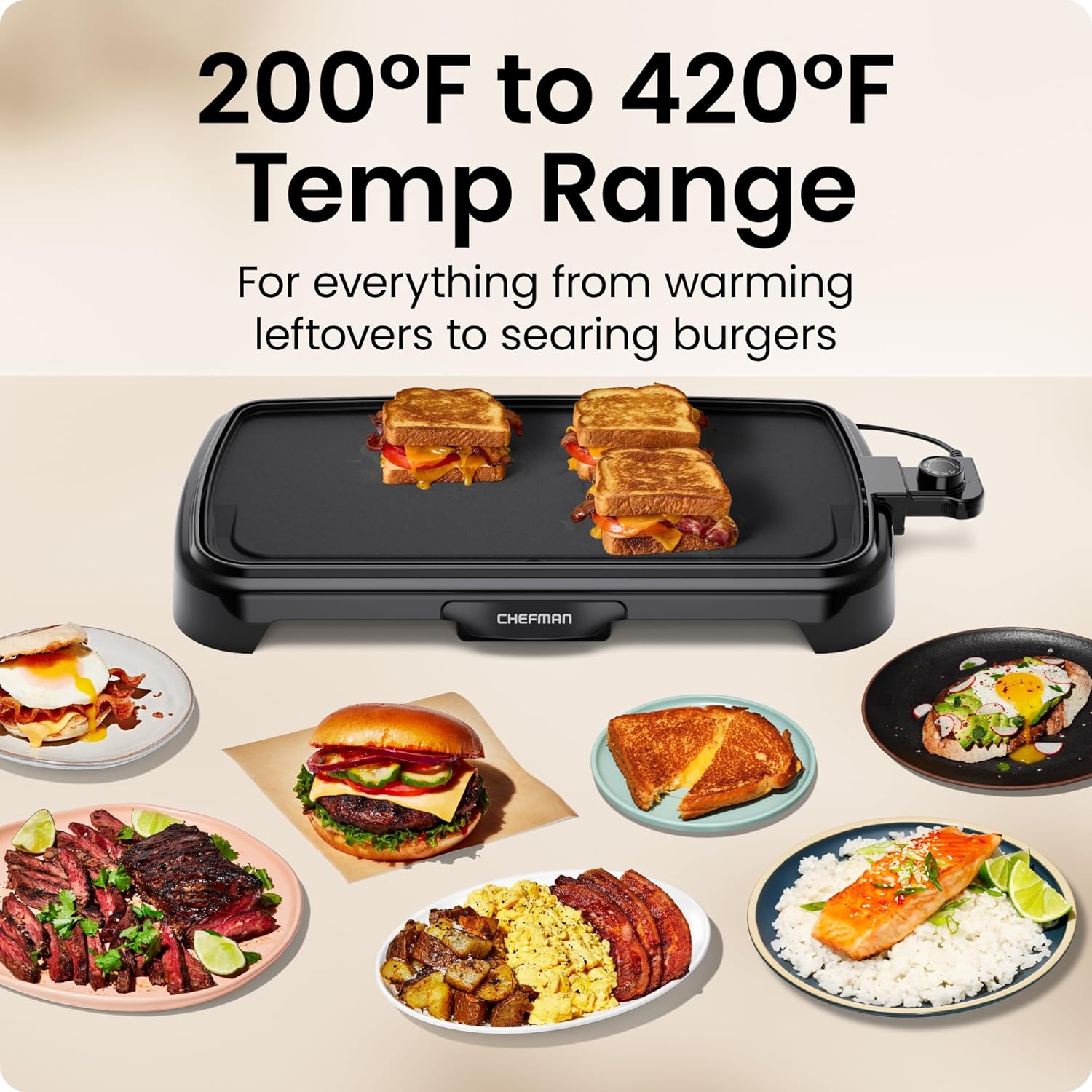 Chefman XL Electric Griddle with Removable Temperature Control, Immersible Flat Top Grill, Burger, Eggs, Pancake Griddle