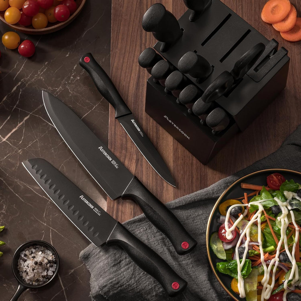 Knife Set, Astercook 15 Pieces Knife Sets for Kitchen with Block, Dishwasher Safe Kitchen Knife Set with Built in Sharpener Block
